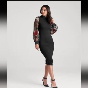 VENUS Black Dress with Sheer Red Floral Sleeves